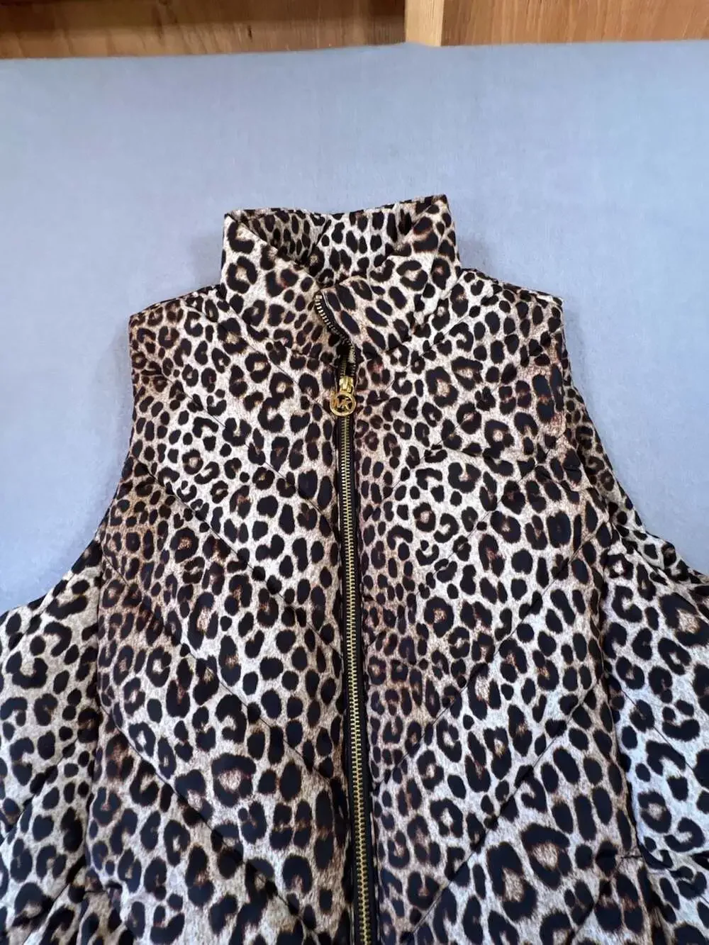 Michael Kors Women's Leopard Print Quilted Puffer Vest with Logo Zipper Pull